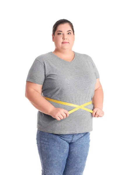 Overgewicht Vrouw Meten Taille Voor Gewichtsverlies Witte Achtergrond — Stockfoto