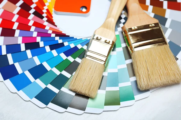 Brushes Paint Color Palette Samples Table Closeup Royalty Free Stock Images