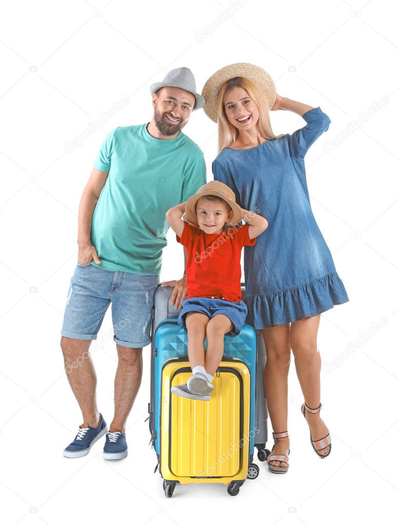 Couple with suitcases running on white background. Vacation travel