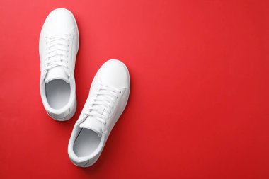 Düz renkli arka plan üzerinde ayakkabı yatıyordu. Metin için yer