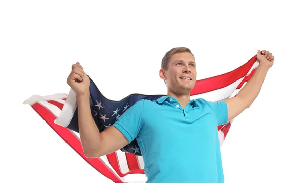Retrato Del Hombre Sosteniendo Bandera Estados Unidos Sobre Fondo Blanco —  Fotos de Stock