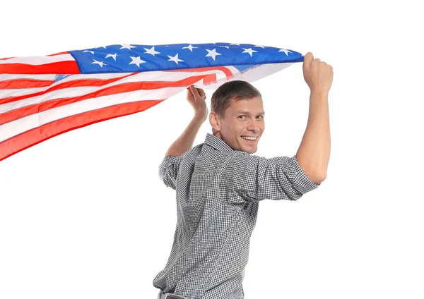 Retrato Del Hombre Sosteniendo Bandera Estados Unidos Sobre Fondo Blanco —  Fotos de Stock