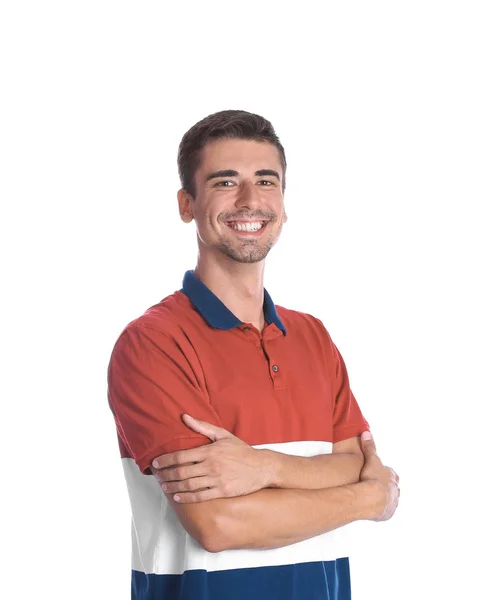 Retrato Joven Guapo Sonriendo Sobre Fondo Blanco — Foto de Stock