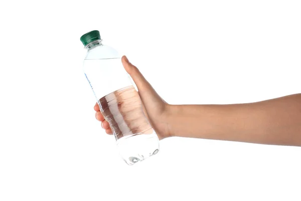 Женщина Держит Пластиковую Бутылку Водой Белом Фоне — стоковое фото