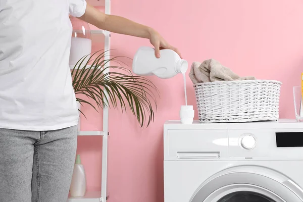 Woman Pouring Liquid Detergent Cap Washing Machine Laundry Room Closeup — Stock Photo, Image