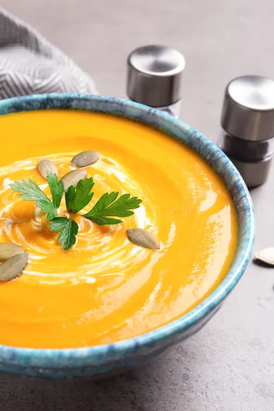 Bowl Tasty Pumpkin Soup Table Closeup — Stock Photo, Image