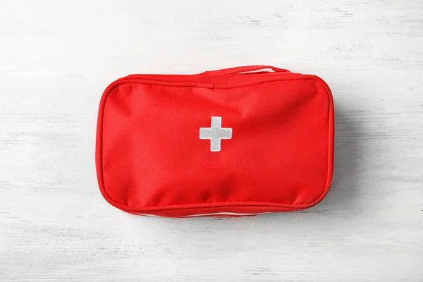 First Aid Kit Wooden Background Top View Health Care — Stock Photo, Image