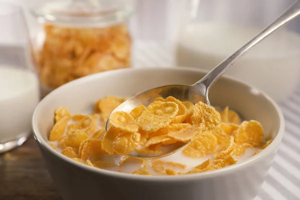 Healthy Cornflakes Milk Bowl Table Closeup — Stock Photo, Image