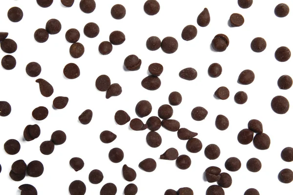 Delicious Dark Chocolate Chips White Background Flat Lay — Stock Photo, Image