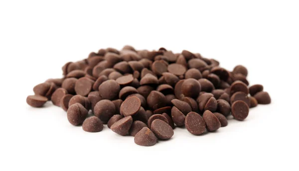 Pile Delicious Dark Chocolate Chips White Background — Stock Photo, Image