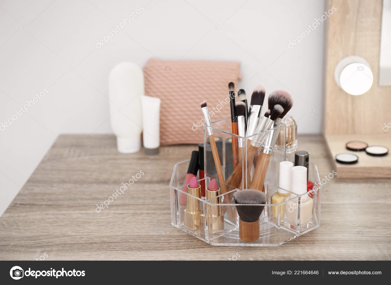 Organizer Cosmetic Products Makeup Table Mirror Stock Photo