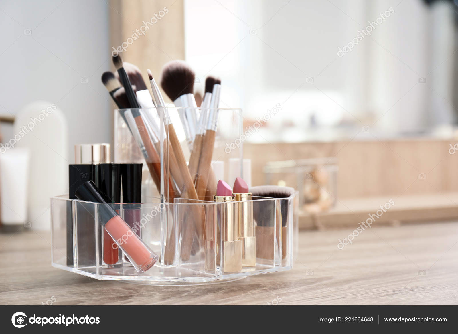 Organizer Cosmetic Products Makeup Table Mirror Space Text Stock