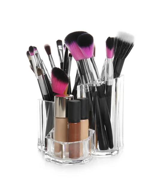 Set Med Makeup Kosmetiska Produkter Organizer Vit Bakgrund — Stockfoto