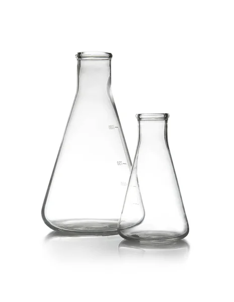 Bouteilles Coniques Vides Sur Table Analyse Laboratoire — Photo