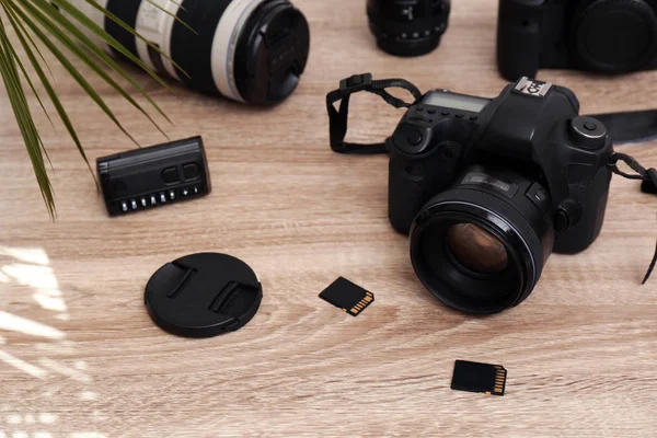 Set Professional Photographer Equipment Wooden Table — Stock Photo, Image