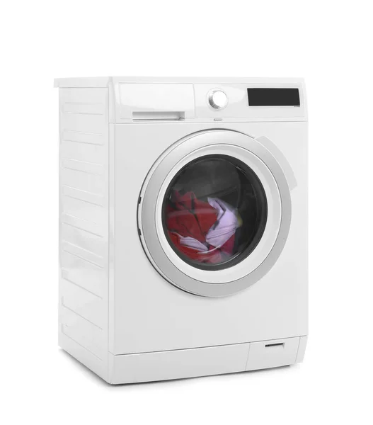 Moderne Waschmaschine Mit Wäsche Auf Weißem Hintergrund — Stockfoto