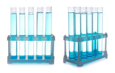 Beyaz arka plan üzerinde laboratuar kapkacakları ve sıvı analizi için ayarla