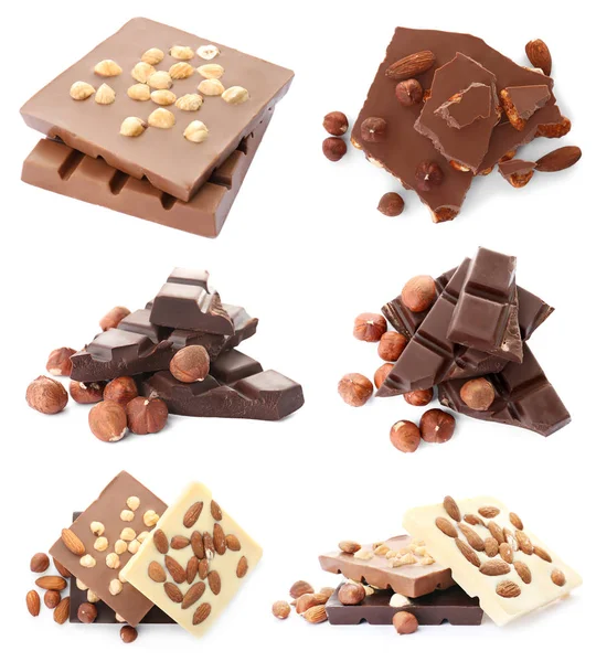 Conjunto Com Diferentes Tipos Chocolate Delicioso Nozes Fundo Branco — Fotografia de Stock