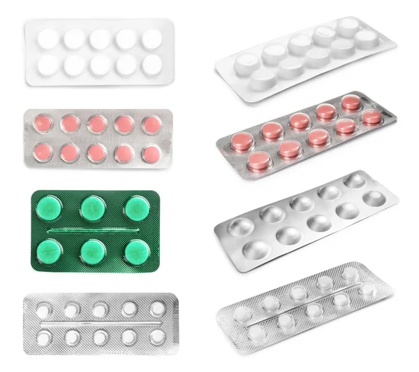 Farklı Ilaçlarla Beyaz Arka Plan Üzerinde Ayarlayın Tıbbi Nesneleri — Stok fotoğraf