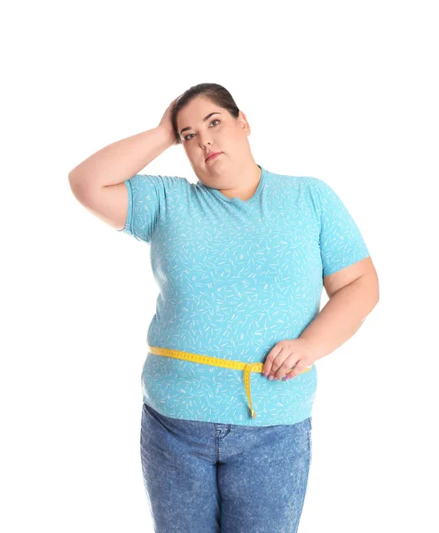 Избыточный Вес Женщины Измерения Талии Потери Веса Белом Фоне — стоковое фото