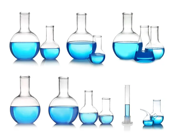 Set Different Laboratory Glassware Liquid Analysis White Background — Stock Photo, Image
