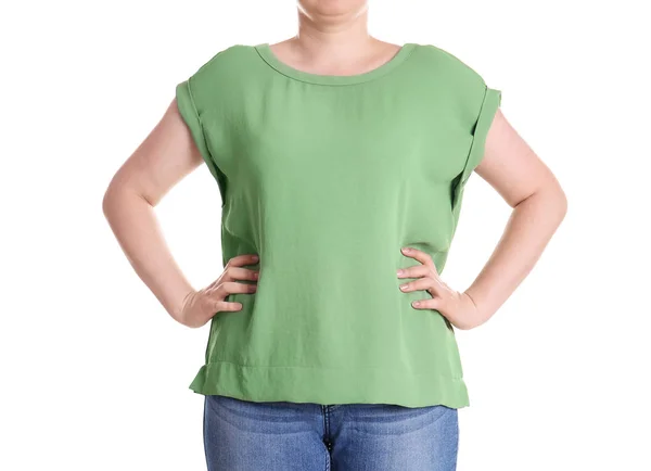 Overgewicht Vrouw Voor Gewichtsverlies Witte Achtergrond — Stockfoto
