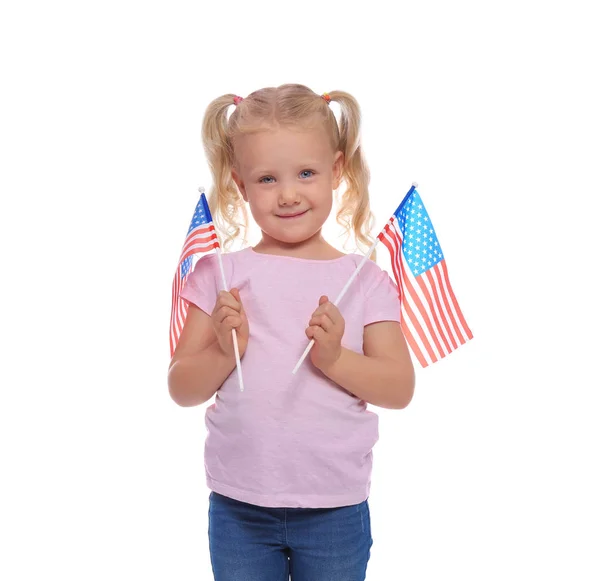 Portrait Mignonne Petite Fille Avec Des Drapeaux Américains Sur Fond Photo De Stock