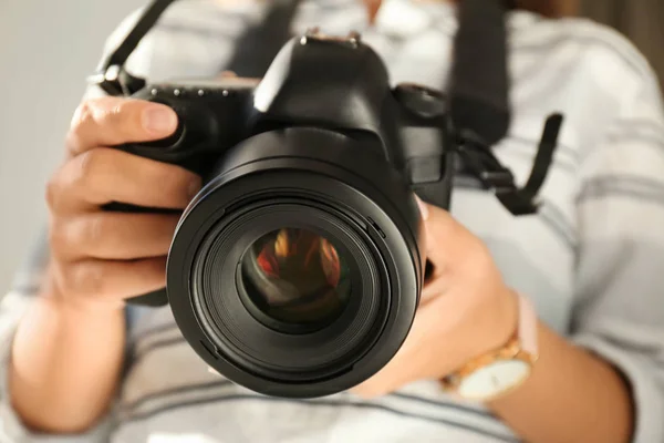Female Photographer Professional Camera Closeup View Royalty Free Stock Images