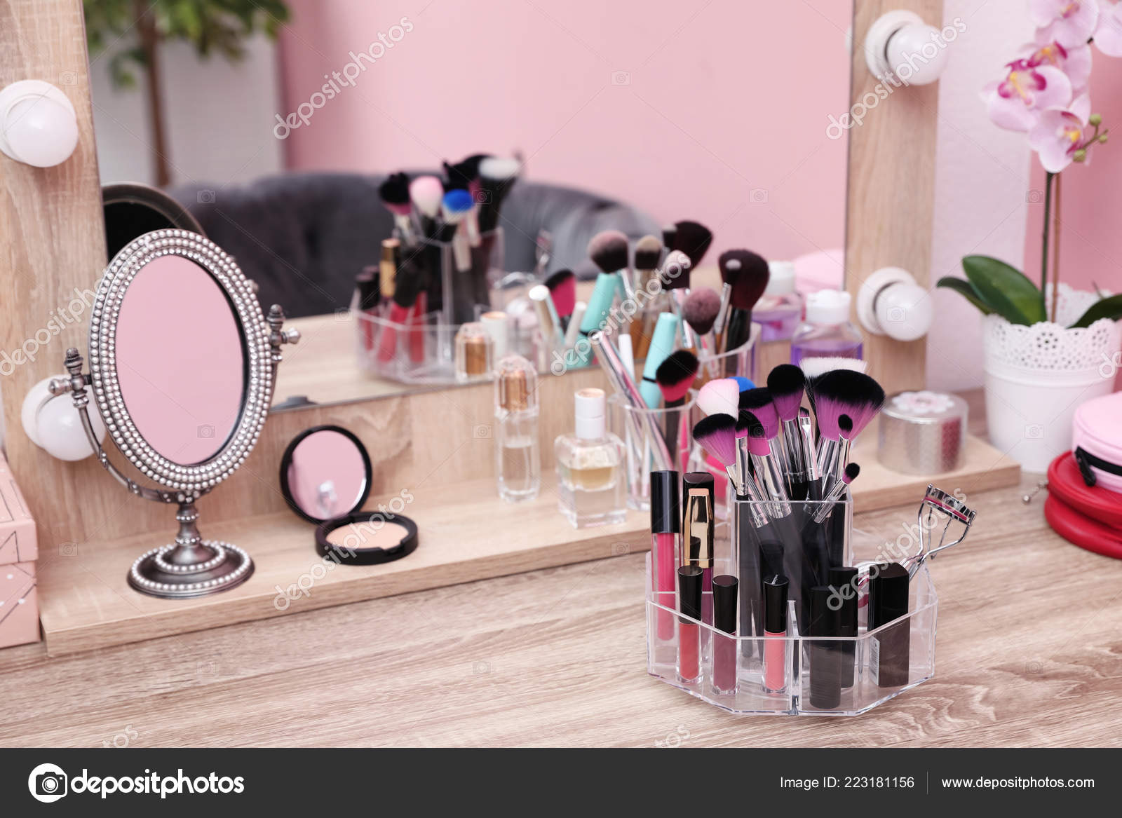 Organizer Cosmetic Products Makeup Table Mirror Space Text Stock