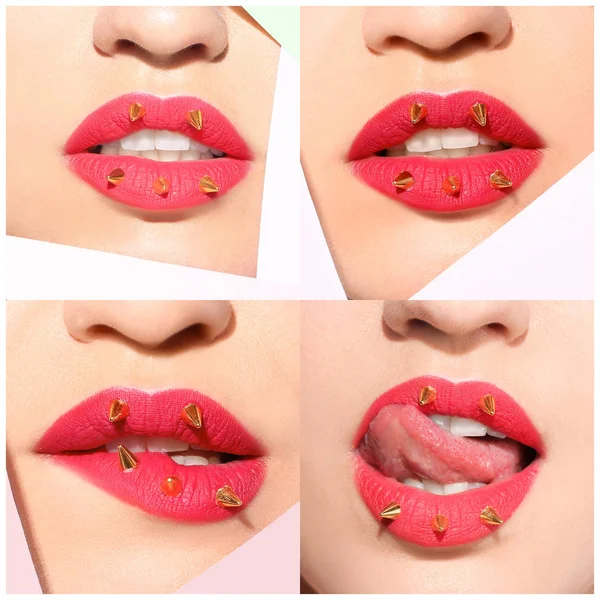 美しい女性 唇にフォーカスを設定します 創造的なメイク — ストック写真