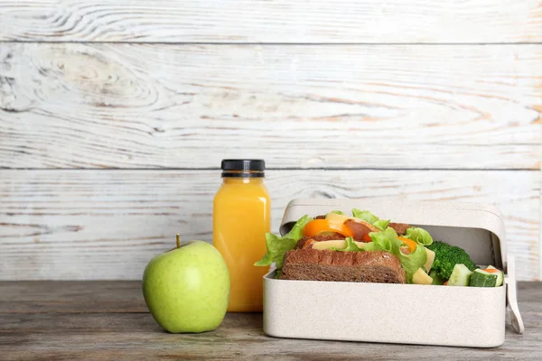 Healthy Food School Child Lunch Box Table Wooden Wall — Stock Photo, Image