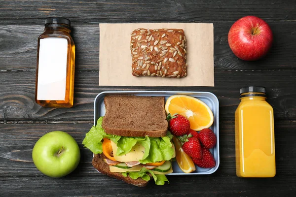 Composizione Laica Piatta Con Cibo Sano Bambino Della Scuola Sfondo — Foto Stock