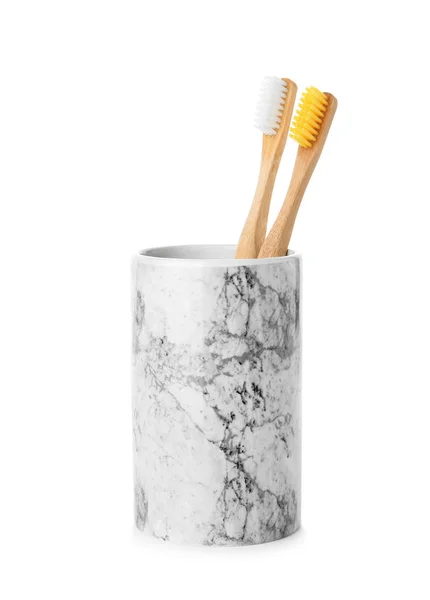 Cepillos Dientes Bambú Soporte Sobre Fondo Blanco Cuidado Dental — Foto de Stock