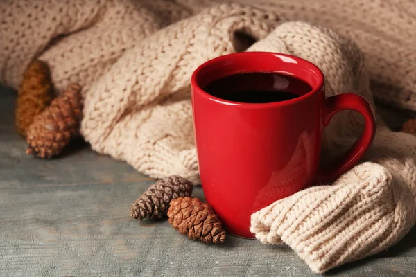 Composition Cup Hot Cozy Drink Autumn Sweater Table Space Text — Stock Photo, Image