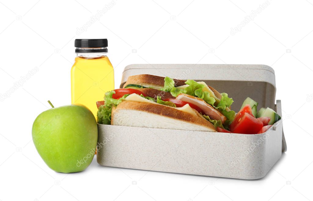 Lunch box with healthy food for schoolchild on white background