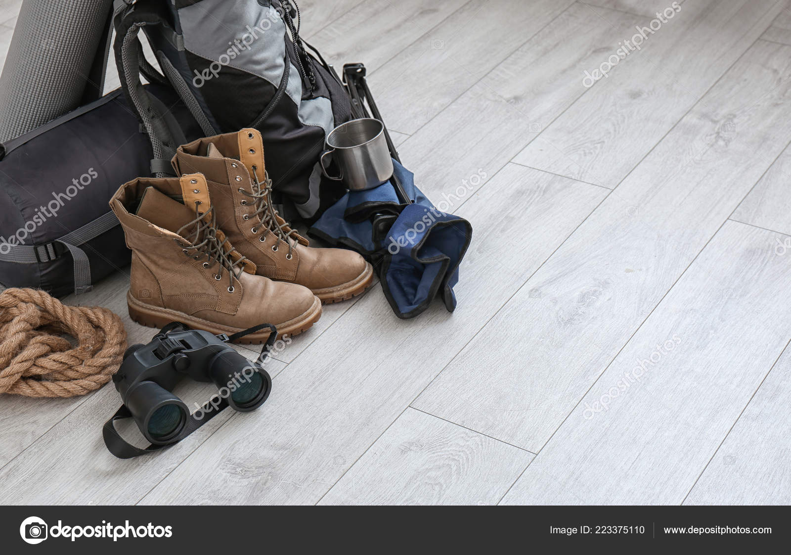 Set Camping Equipment Sleeping Bag Wooden Floor Space Text Stock