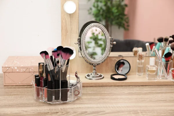 Organizer Cosmetic Products Makeup Table Mirror Space Text — Stock Photo, Image