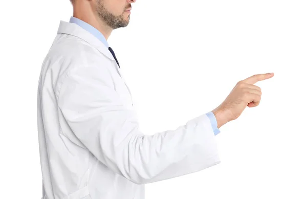 Arzt Zeigt Auf Weißen Hintergrund Nahaufnahme — Stockfoto