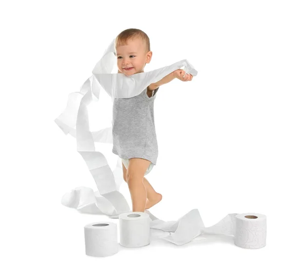 Симпатичный Малыш Играет Туалетной Бумагой Белом Фоне — стоковое фото
