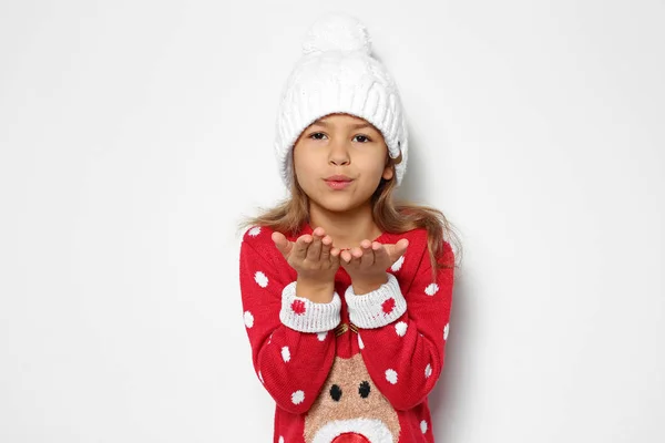Cute Little Girl Christmas Sweater Knitted Hat White Background — Stock Photo, Image