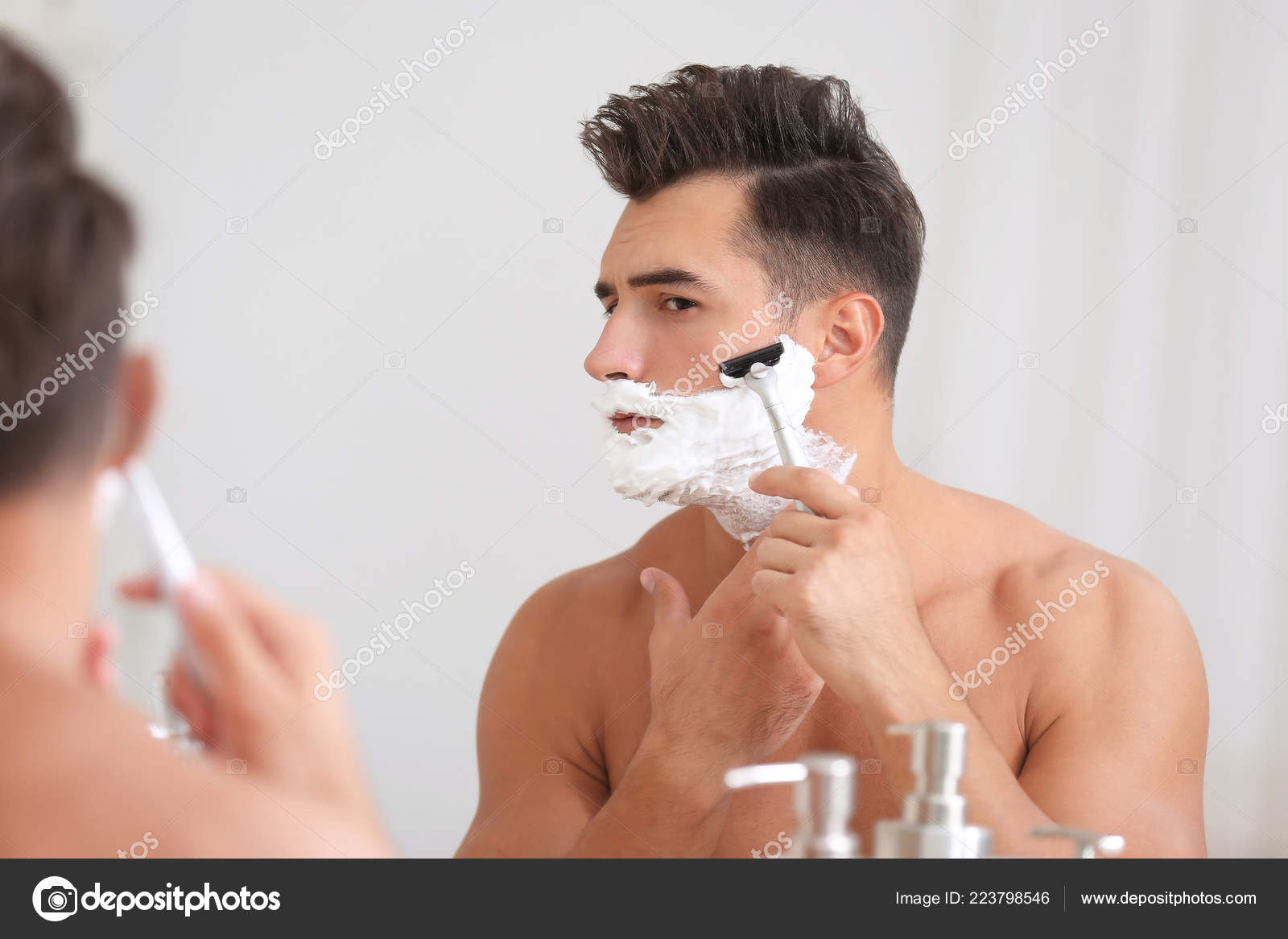 Young Man Shaving Mirror Bathroom Stock Photo Image By C Newafrica 223798546