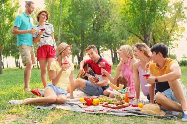 Mutlu arkadaşlar güneşli bir günde parkta piknik yapıyorlar.