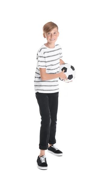 Retrato Menino Segurando Bola Futebol Fundo Branco — Fotografia de Stock