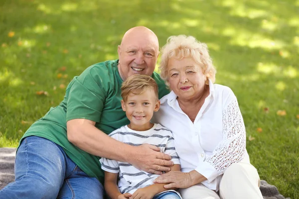 Glückliches Älteres Ehepaar Mit Enkel Park — Stockfoto