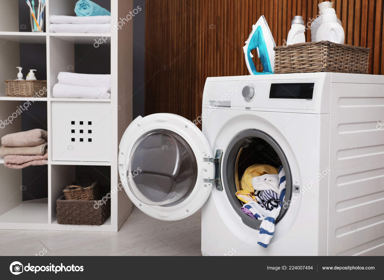 Laundry Room Interior Washing Machine Wooden Wall Stock Photo by ©NewAfrica 224007494