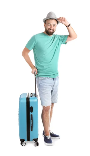 Mann Mit Koffer Auf Weißem Hintergrund Urlaubsreise — Stockfoto