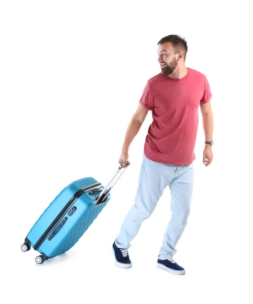 Uomo Con Valigia Sfondo Bianco Viaggi Vacanza — Foto Stock