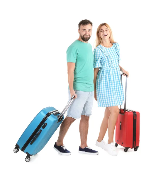 Homme Avec Valise Sur Fond Blanc Voyages Vacances — Photo