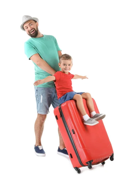 Hombre Con Maleta Sobre Fondo Blanco Viaje Vacaciones — Foto de Stock