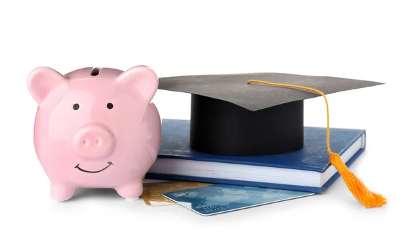 Graduation Hat Credit Cards Piggy Bank Isolated White — Stock Photo, Image